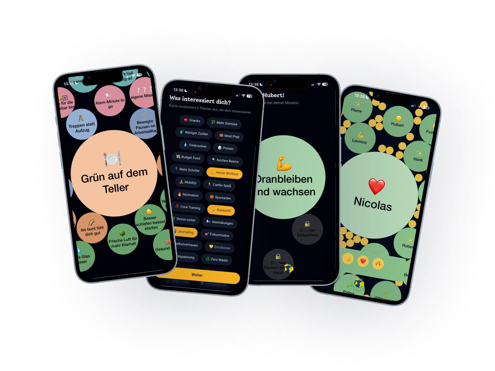 Vier Screens der BLUE MARBLE HEALTH-App zeigen Themenblasen, Auswahl von Interessen, Missionsfortschritt und Community-Ansicht.