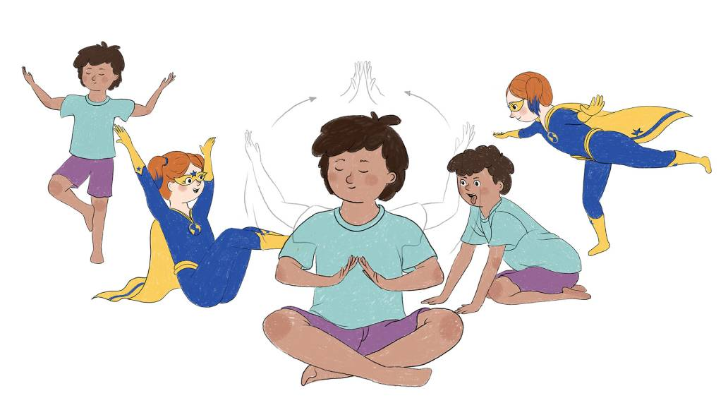 Kinder machen gemeinsam mit der Superheldin BLUE Yoga