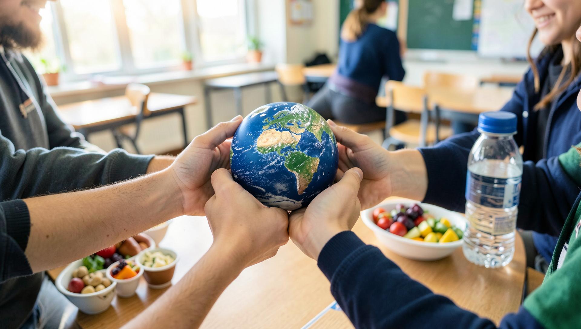 Schülerinnen und Schüler halten gemeinsam einen Globus – gesunde Lebensmittel auf dem Tisch im Klassenraum