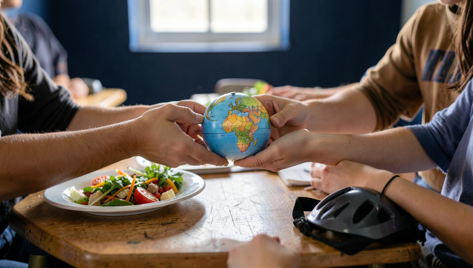 Hände von Jugendlichen halten gemeinsam einen Globus über einem Tisch mit gesundem Essen und Fahrradhelm